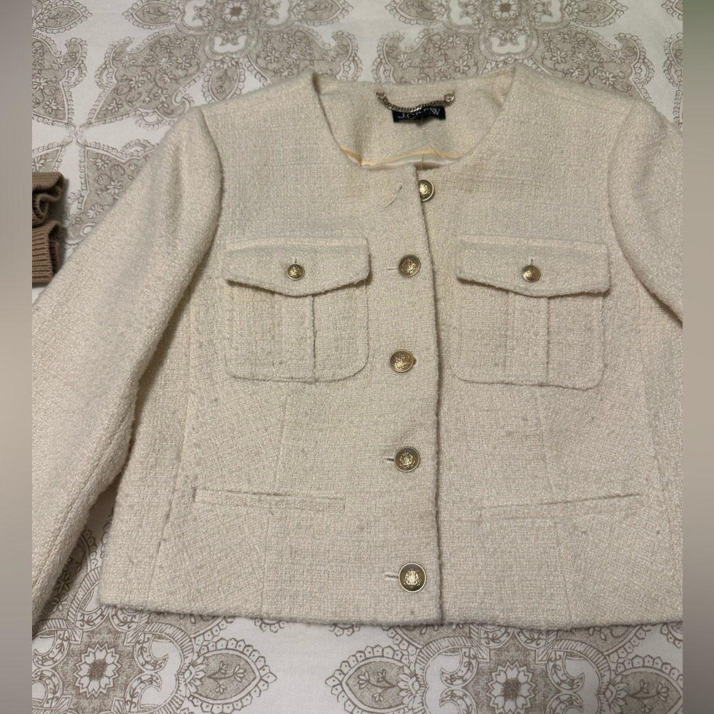 J. Crew Ivory Tweed Blazer with Gold Buttons
